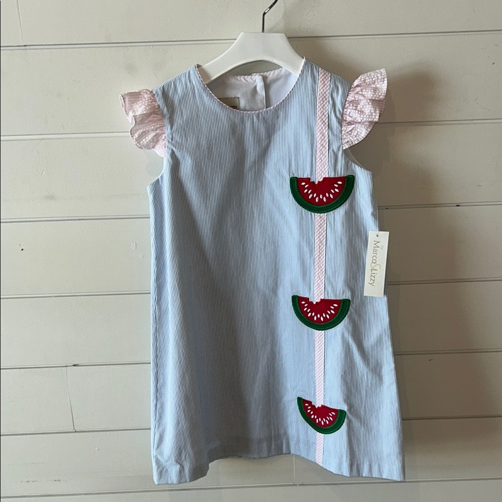 Watermelon appliqué Blue and Pink Ruffled Sundress with Flutter Sleeves